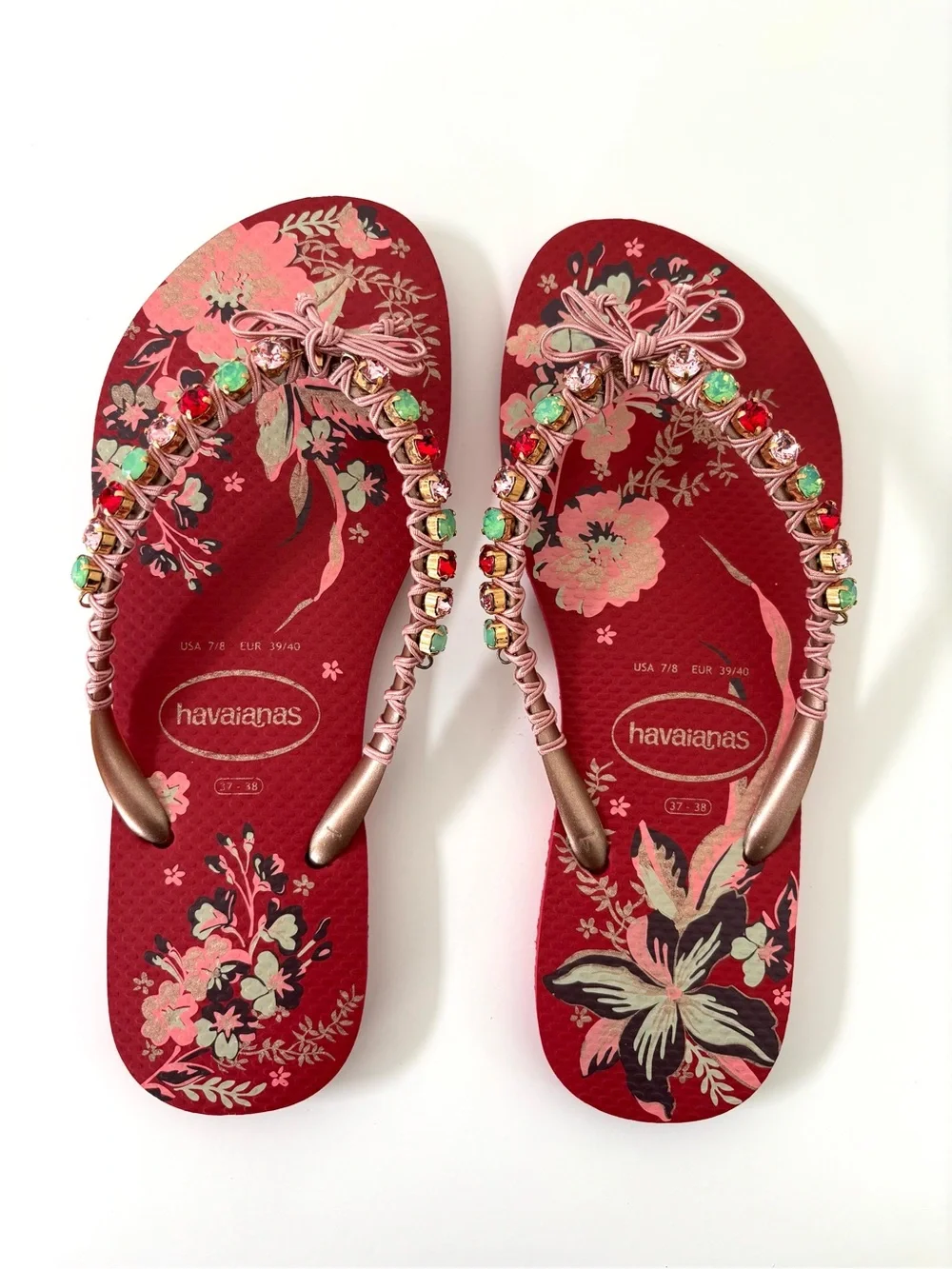 Havaianas Swarvoski Crystal Flip Flops NWT Sparkly Red Pink Green Luxury 7/8